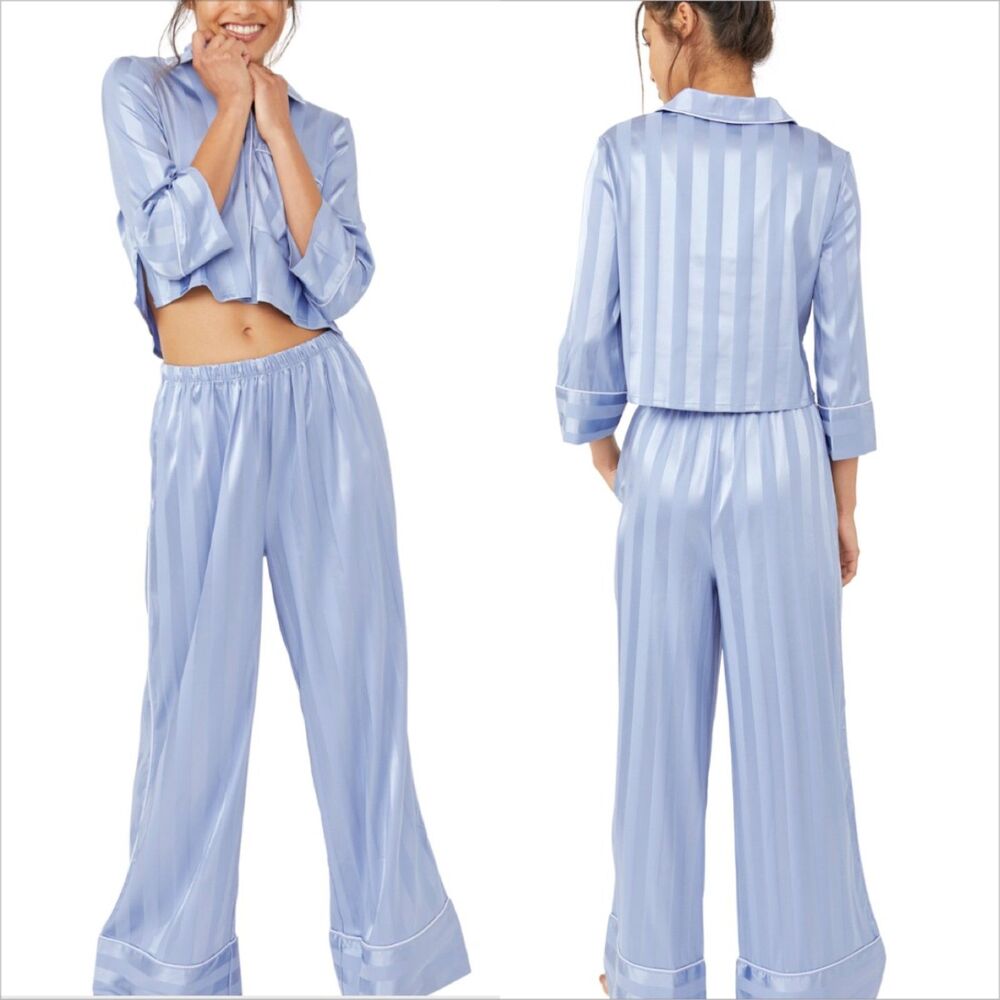 Free People Light Blue Striped Satin Pajama Set